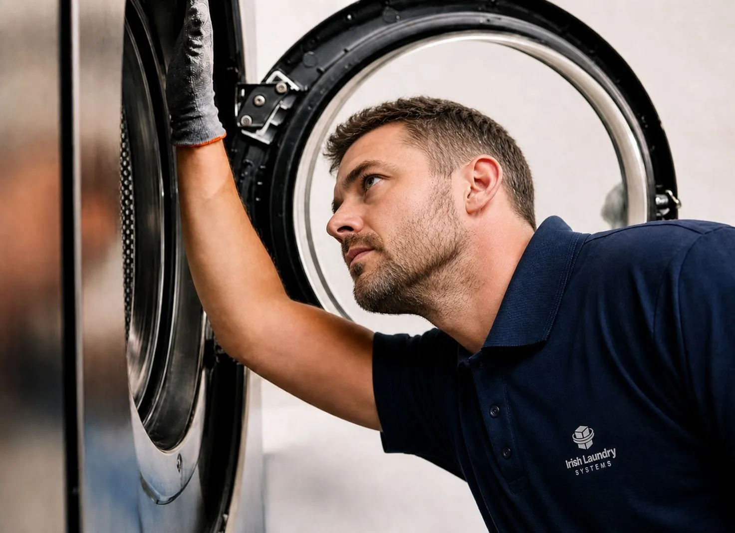 ILS technician inspecting commercial laundry equipment during a planned visit